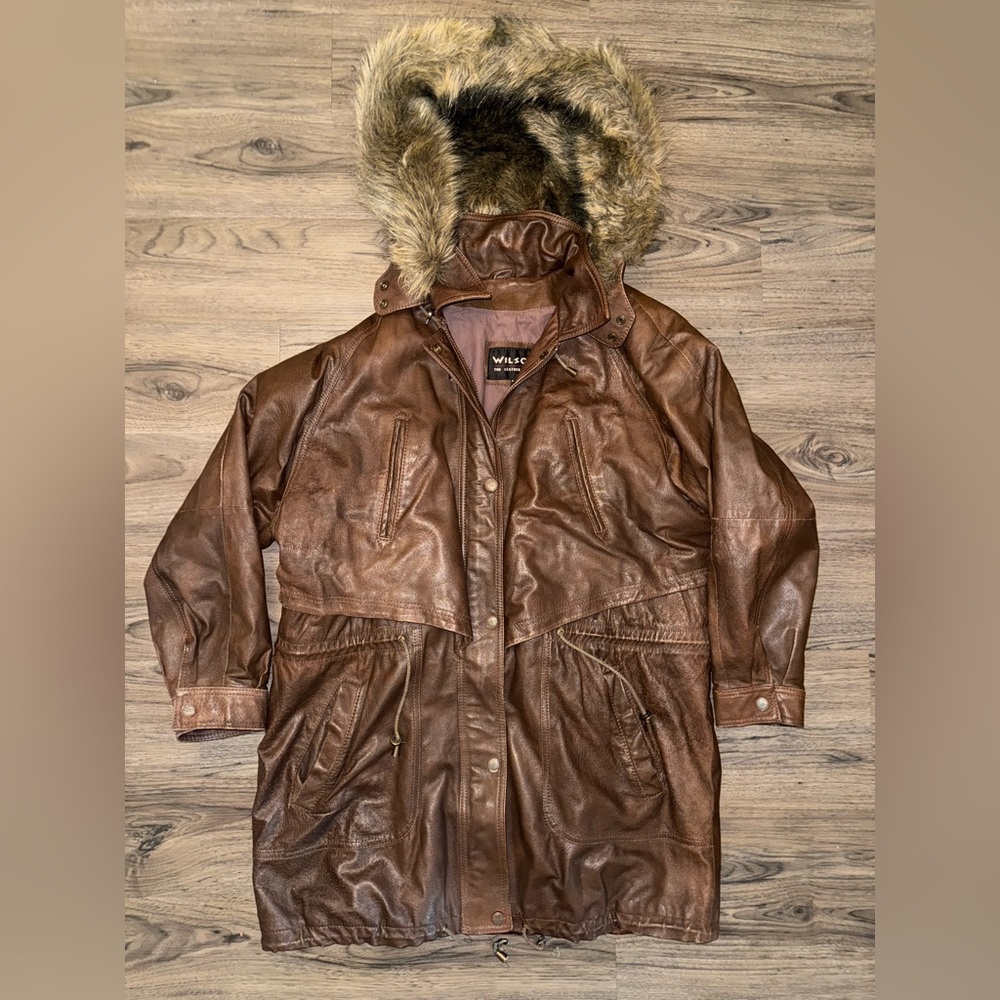 Vintage WILSONS Brown Leather Long Winter Coat Faux Fur Hood XL